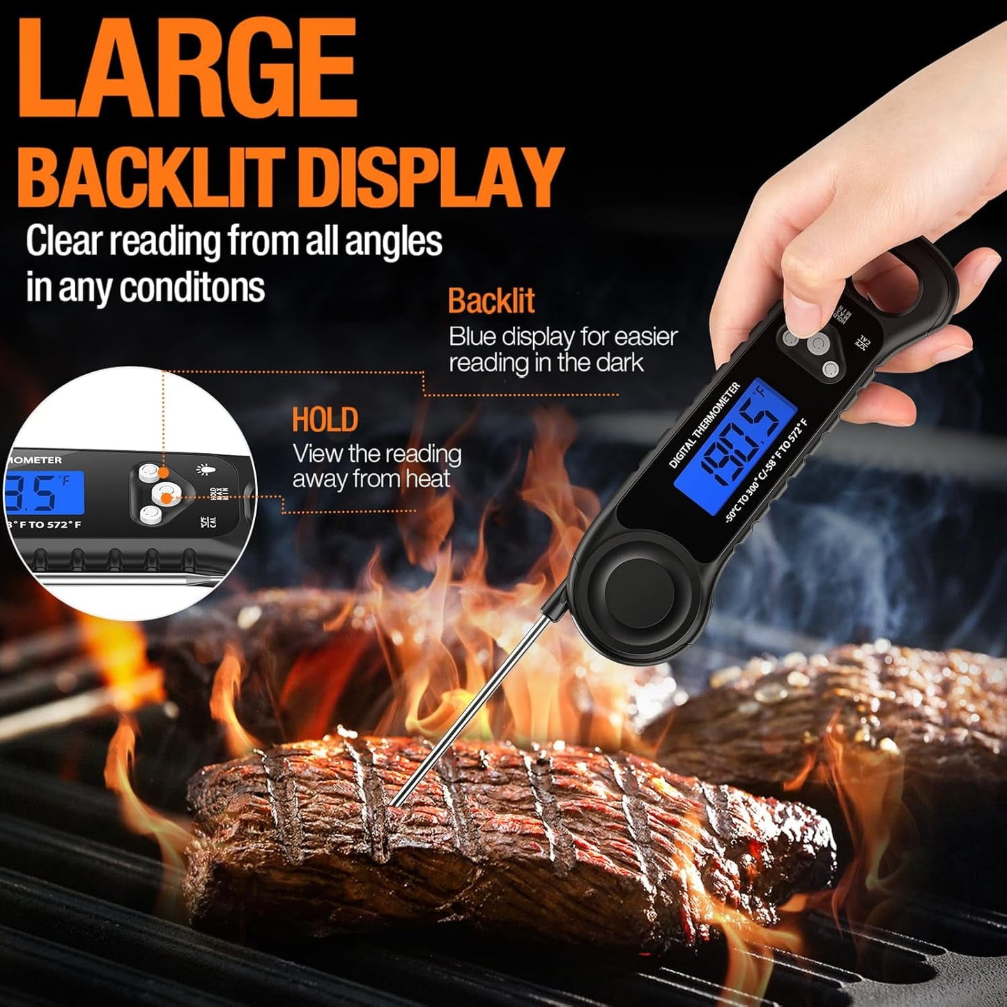 BOKYAN Meat Thermometer Digital, Instant Read Food Thermometer - Waterproof w/Backlight for Cooking, Candy, Deep Fry, BBQ, Grill, Smoker and Roast, Camping & Kitchen Essentials